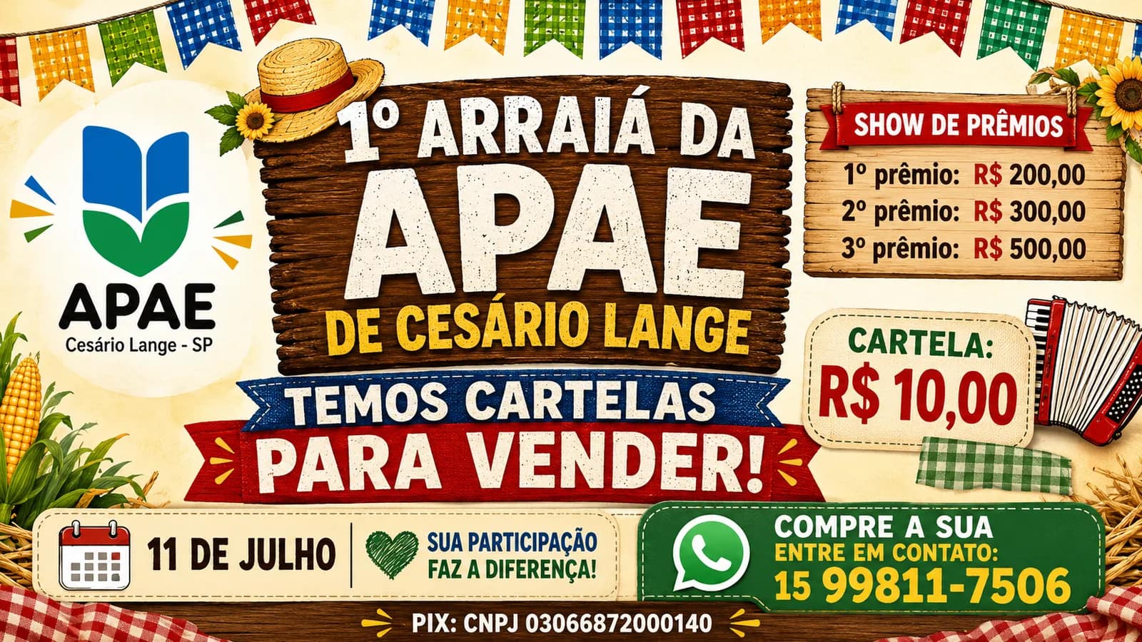 1º Arraiá da APAE de Cesário Lange acontece no dia 11 de julho com show, prêmios - Cultura em Cesário Lange
